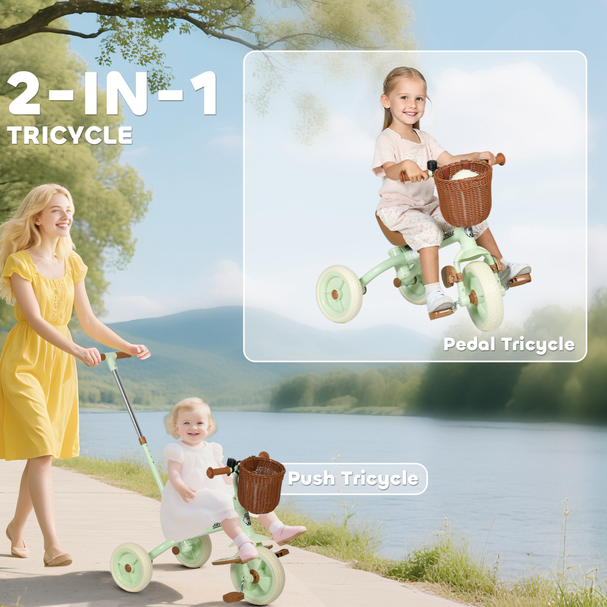 AIYAPLAY Toddler Trike with Adjustable Parent Handle Basket for Kids