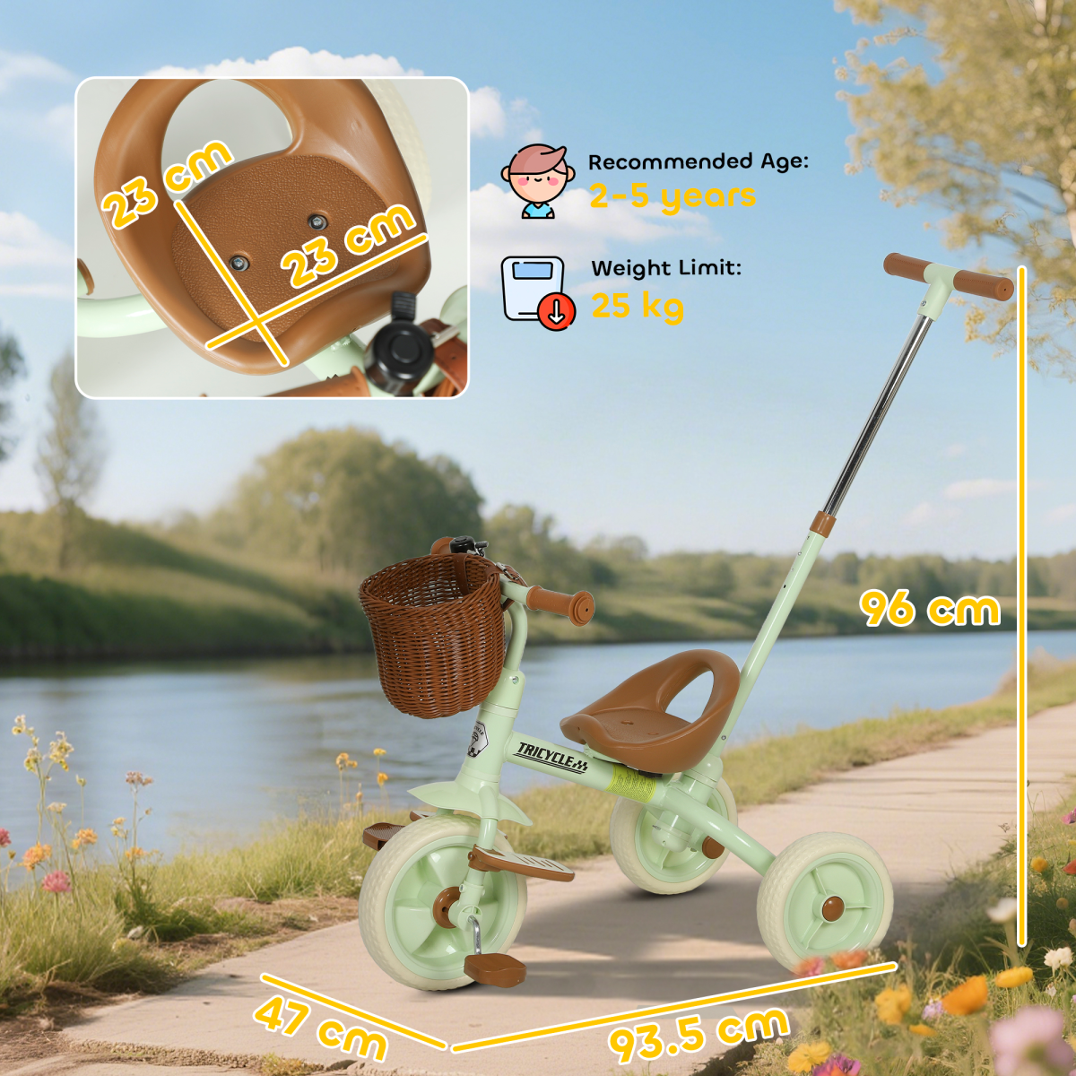 AIYAPLAY Toddler Trike with Adjustable Parent Handle Basket for Kids