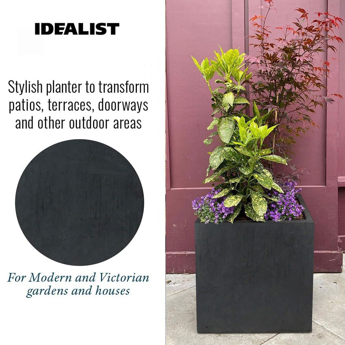 IDEALIST Lite Contemporary Flower Box Square Garden Planter, Faux Lead Light Concrete Outdoor Large Plant Pot H60 L60 W60 cm, 195L