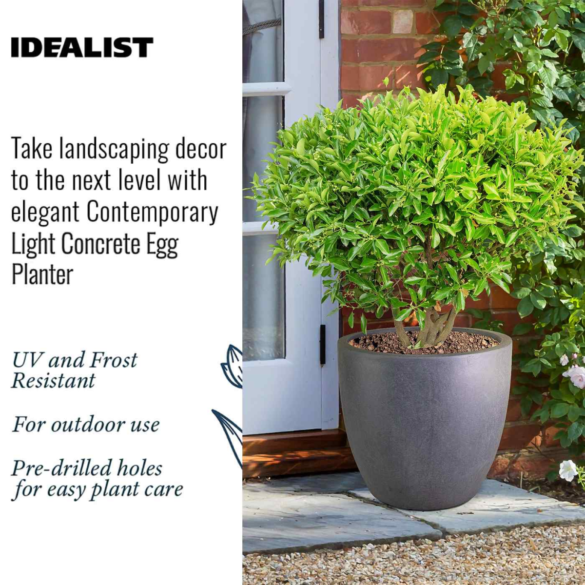IDEALIST Lite 30cm Garden Planter | Washed Light Concrete Egg Round Planter | Contemporary Outdoor Plant Pot D30 H30 cm, 21L