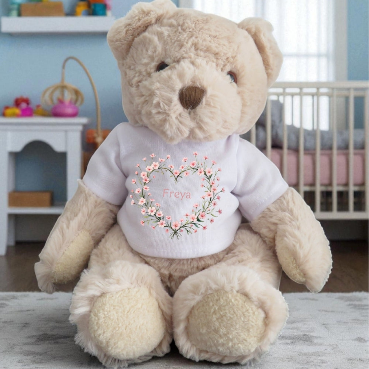 Personalised Pink Flower Heart Name Gift Hamper - Teddy & Baby Vest