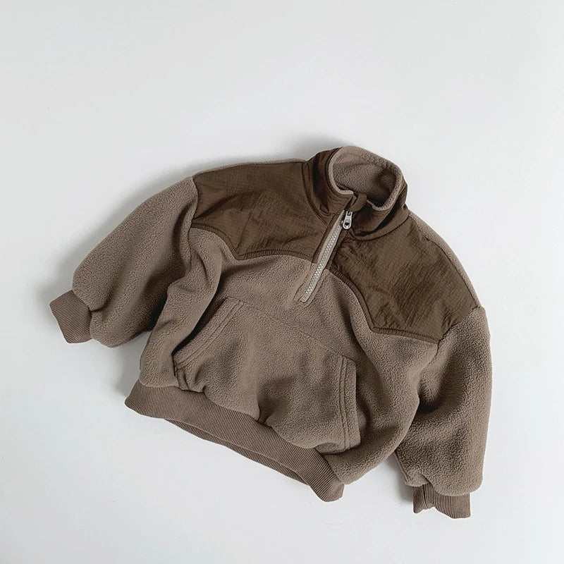 Kids Fleece Half-Zip Pullover, Unisex Winter Hoodie, Warm Colour Block Sweater