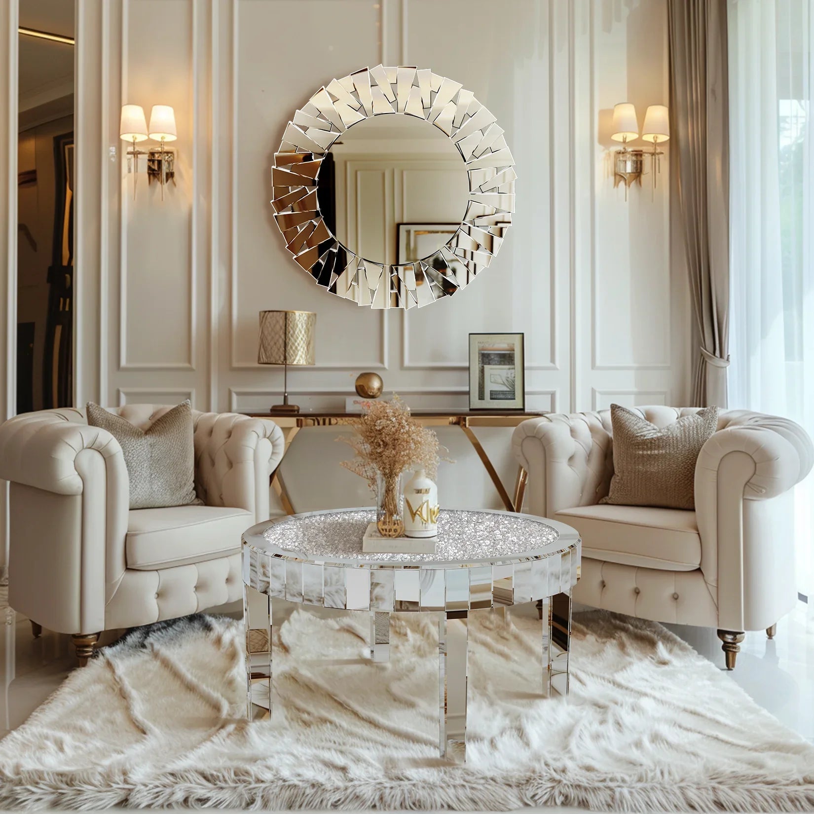 FATIVO Large Round Mirrored Coffee Table Beveled Bling Crushed Diamond End Table