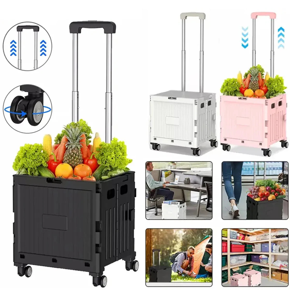 Foldable Utility Cart Mobile Folding Cart with Lid 360°Rotate Large Capacity Portable Shopping Hand Trolley for Travel Camping