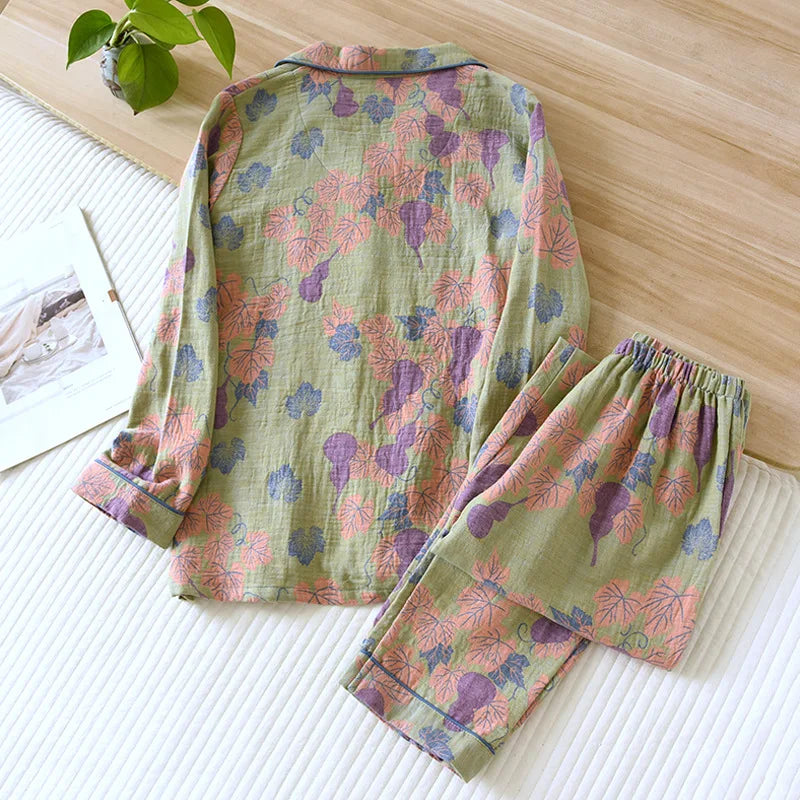 Japanese Spring and Autumn New Women's Pajama Set 100% Cotton Vintage Long Sleeved Pants Two Piece Set for Home Furnishings