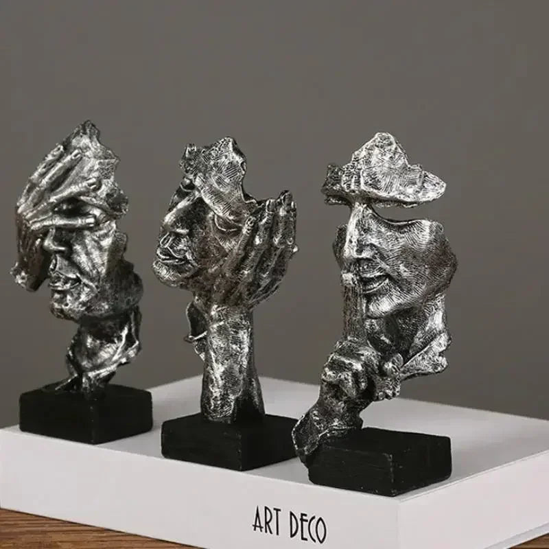 Abstract Resin Face Sculpture – “Silence is Golden” Nordic Art Statue for Home or Office Decor
