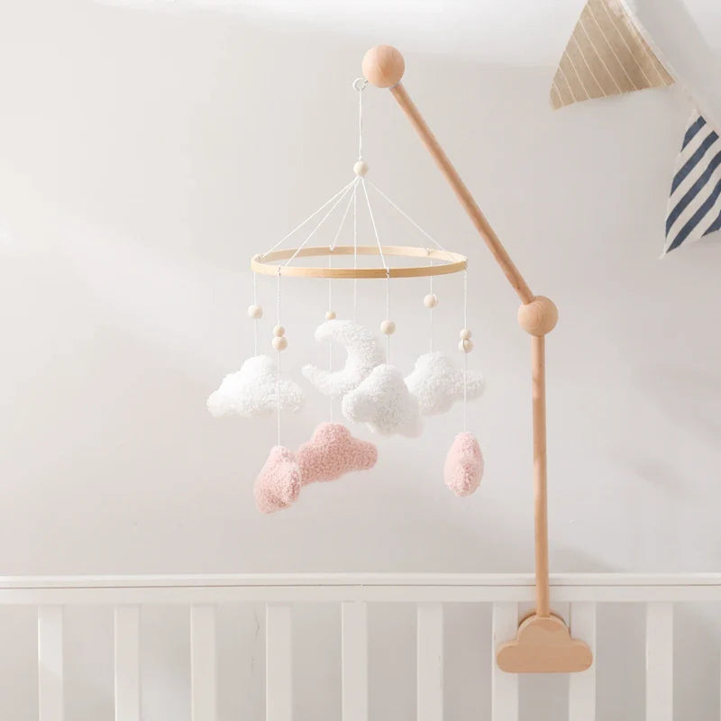 Wooden Crib Mobile Baby Bed Bell Rattle Toy Soft Felt Cartoon Bear Mobile Hanging Newborn Music Box Bed Bell Hanging Bracket Toy