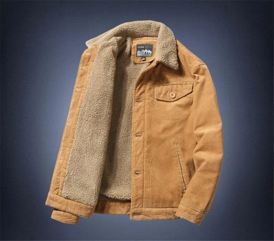Men’s Corduroy Fleece-Lined Winter Jacket – Warm Casual Coat, Retro Korean Style in Grey, Green, Coffee & Tan