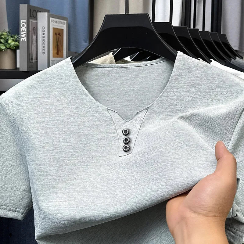 Men’s Three-Button V-Neck T-Shirt – Business Casual Summer Short Sleeve Top (S–4XL)