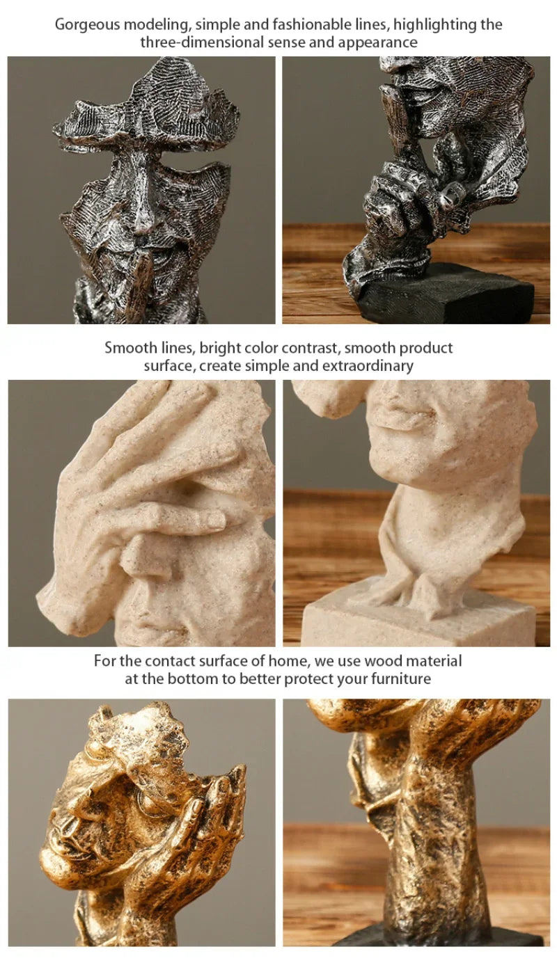 Abstract Resin Face Sculpture – “Silence is Golden” Nordic Art Statue for Home or Office Decor