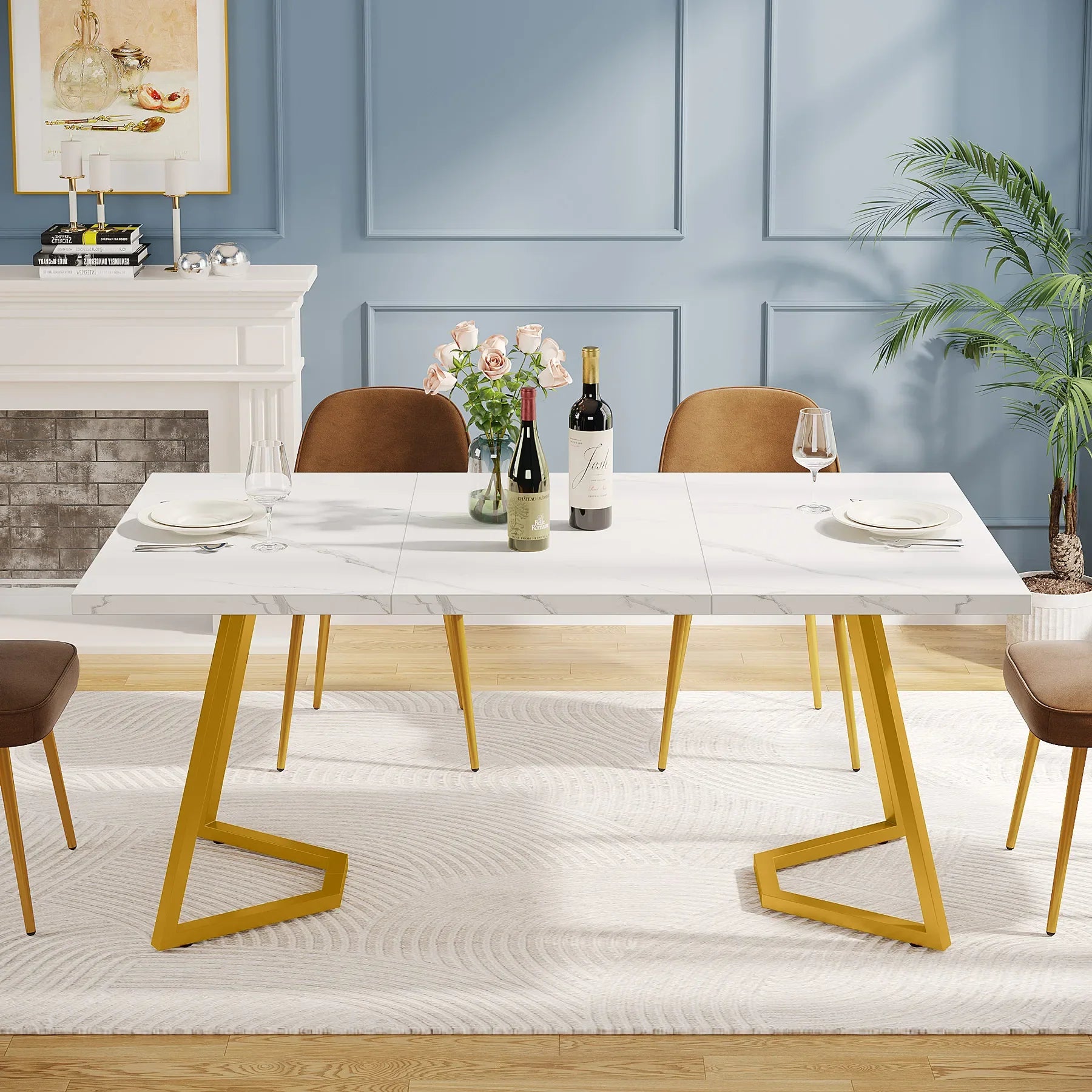Tribesigns 63-Inch Rectangular Dining Table for 4 to 6, Modern Kitchen Table with Faux Marble Table Top, White Dinner Tables