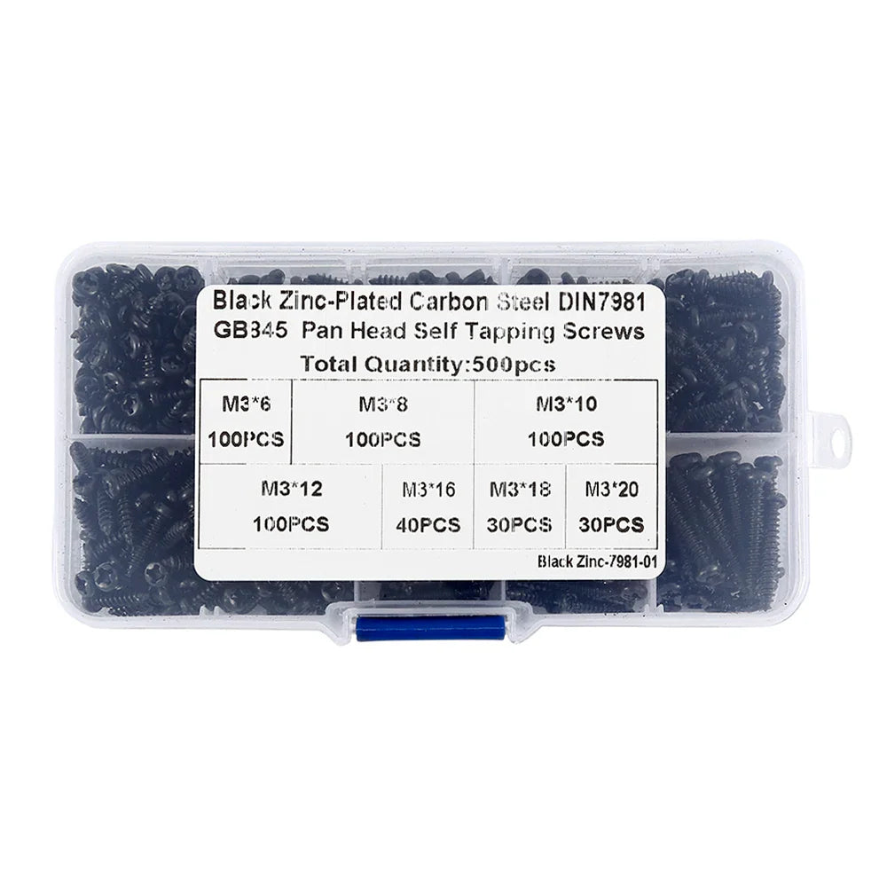 500/1000Pcs M3 Screws Sets Self Tapping Screws Pan Head Cross Drilling Wood Screw Assortment Kit M3/M4/M3.5/M4.8 Carbon Steel