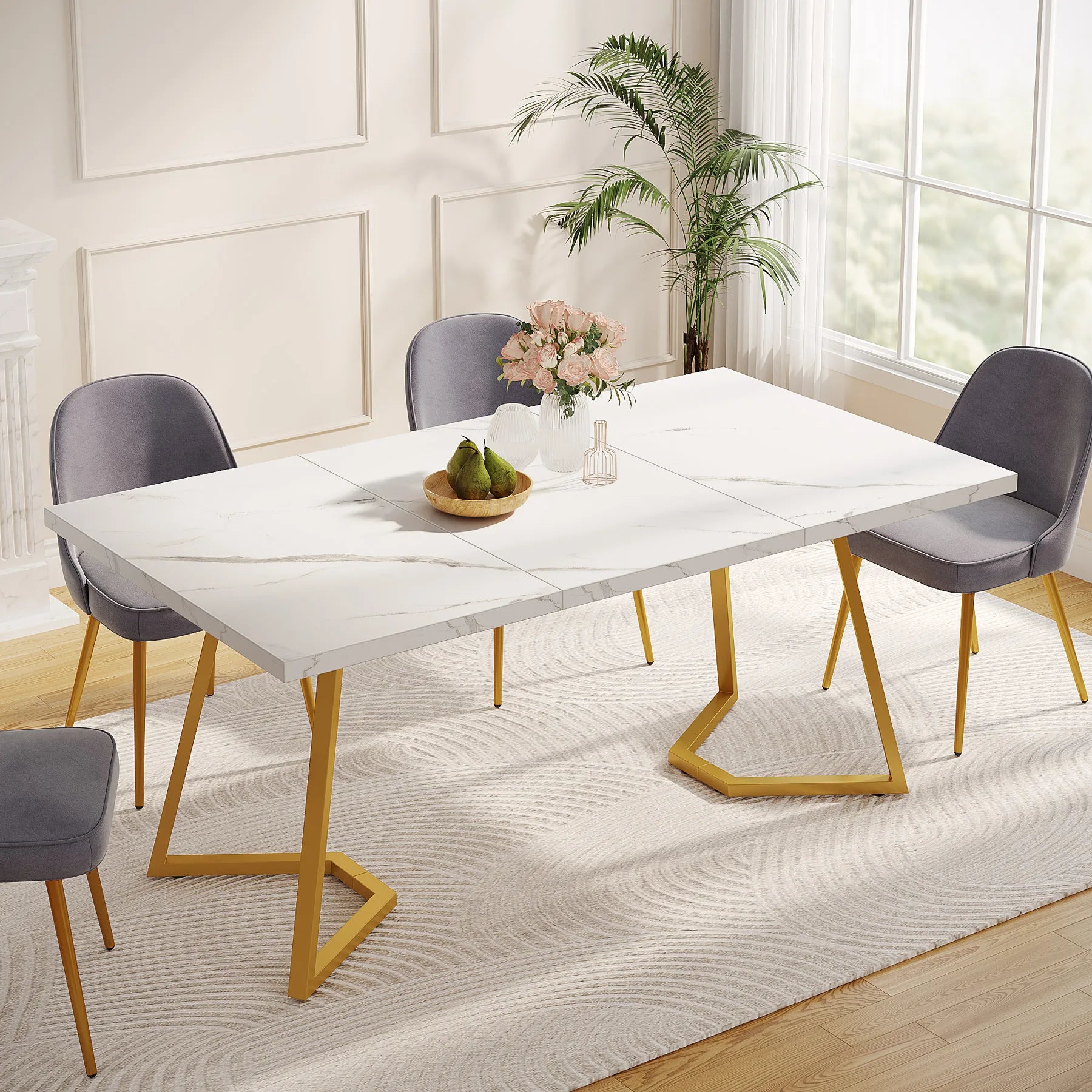 Tribesigns 63-Inch Rectangular Dining Table for 4 to 6, Modern Kitchen Table with Faux Marble Table Top, White Dinner Tables