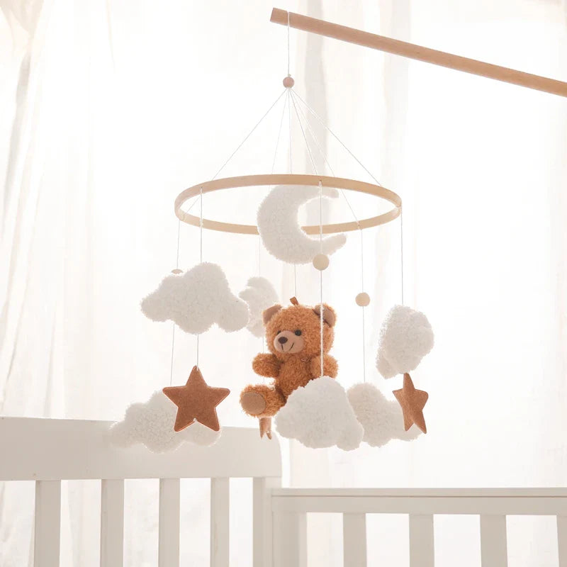 Wooden Crib Mobile Baby Bed Bell Rattle Toy Soft Felt Cartoon Bear Mobile Hanging Newborn Music Box Bed Bell Hanging Bracket Toy