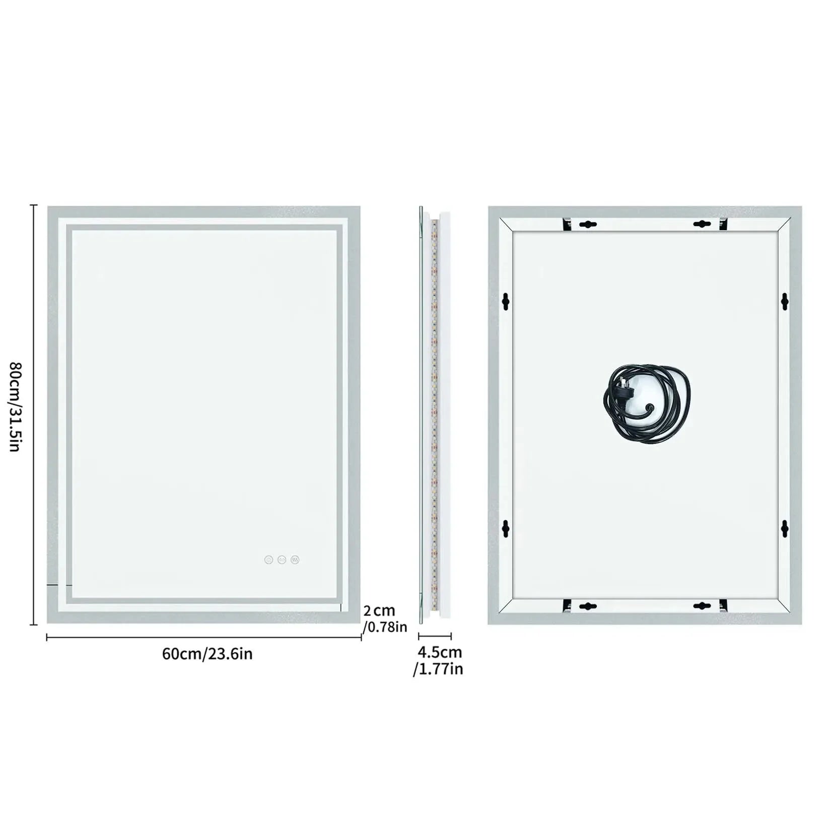 LED Light Bathroom Mirror Illuminated Wall Mounted Vanity Makeup Anti-Fog Rectangle 3 Colors Touch Light