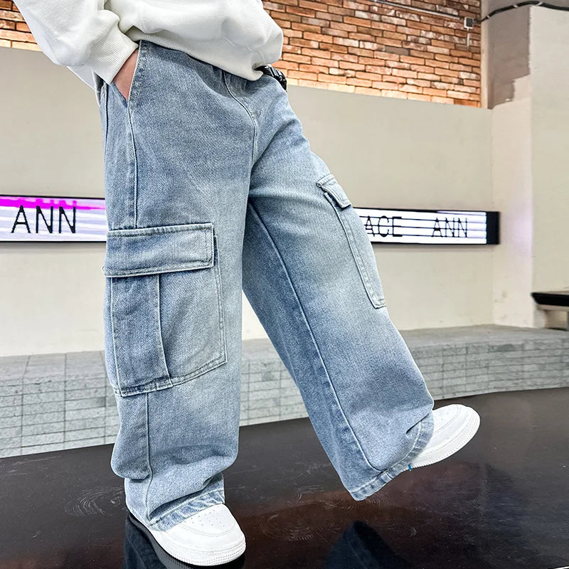 Boys Cargo Denim Jeans, Loose Fit Fashion Trousers