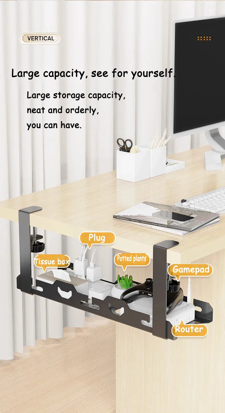 Telescopic Under Desk Cable Management Tray – Metal Under Table Storage Rack for Home Office, Router & Power Strip Organizer