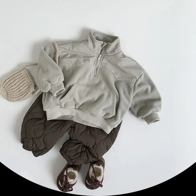 Kids Fleece Half-Zip Pullover, Unisex Winter Hoodie, Warm Colour Block Sweater