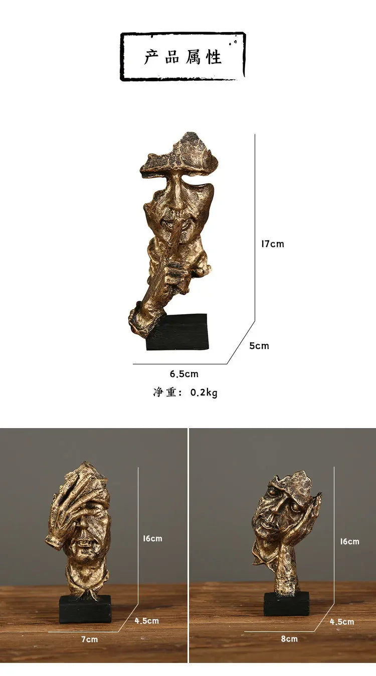 Abstract Resin Face Sculpture – “Silence is Golden” Nordic Art Statue for Home or Office Decor