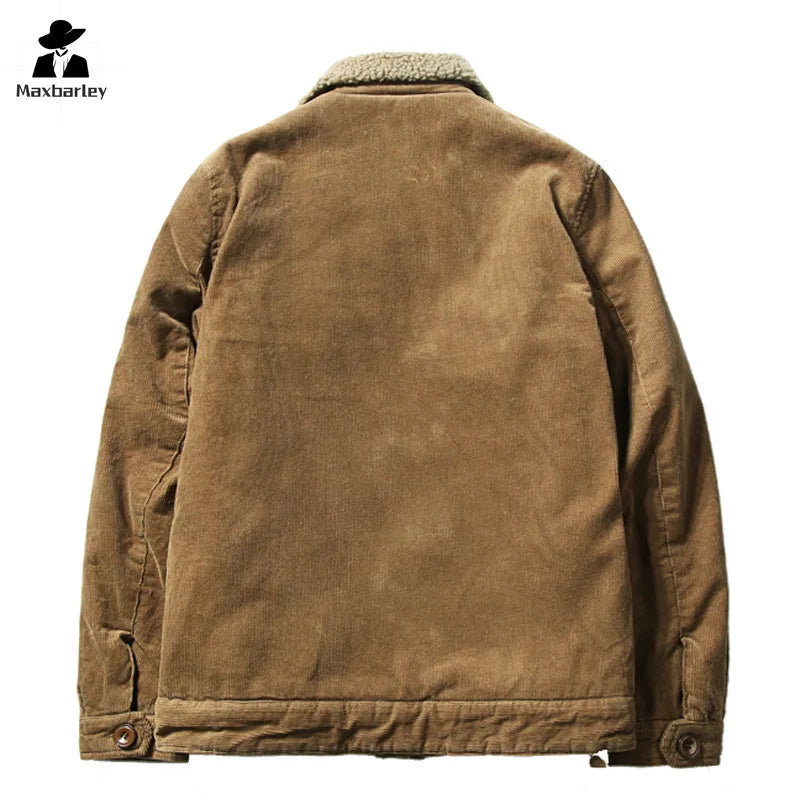 Men’s Corduroy Fleece-Lined Winter Jacket – Warm Casual Coat, Retro Korean Style in Grey, Green, Coffee & Tan