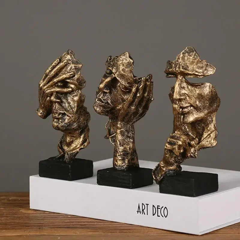 Abstract Resin Face Sculpture – “Silence is Golden” Nordic Art Statue for Home or Office Decor