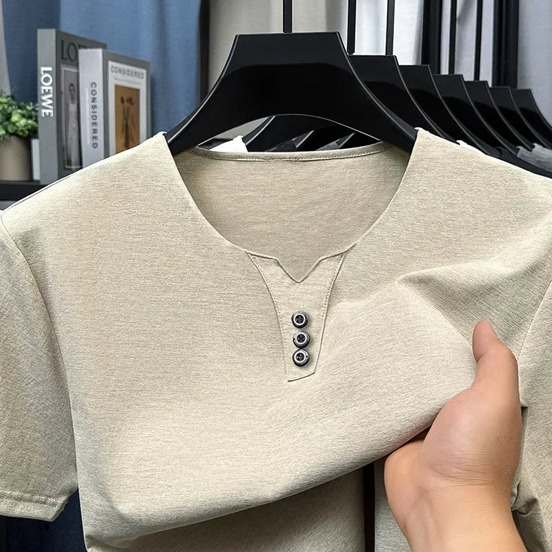 Men’s Three-Button V-Neck T-Shirt – Business Casual Summer Short Sleeve Top (S–4XL)