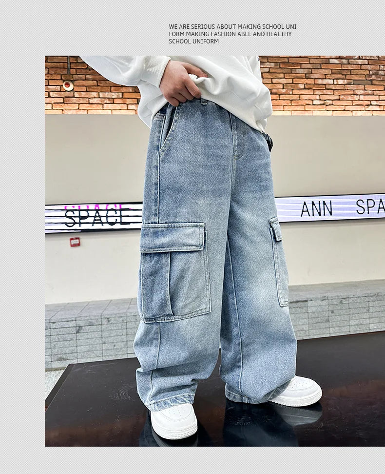 Boys Cargo Denim Jeans, Loose Fit Fashion Trousers