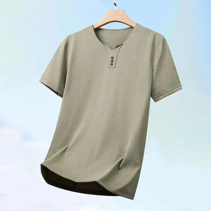 Men’s Three-Button V-Neck T-Shirt – Business Casual Summer Short Sleeve Top (S–4XL)