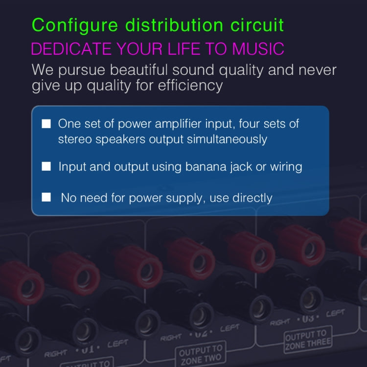 1 In And 4 Out Amplifier Sound Speaker Distributor, 4-Area Sound Source, Signal Distribution Panel, Single Audio Input, 300W Per Channel, B030
