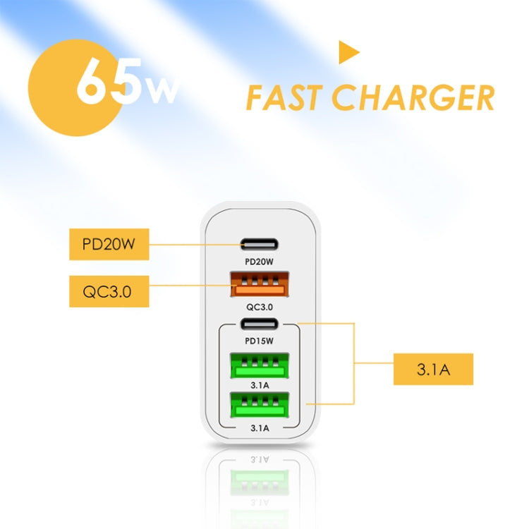 65W Dual PD Type-C + 3 x USB Multi Port Charger with 3A Type-C to Type-C Data Cable, EU Plug(Black)