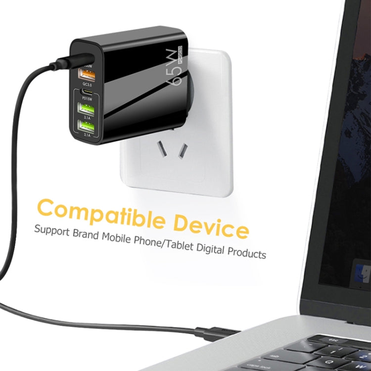 65W Dual PD Type-C + 3 x USB Multi Port Charger with 3A Type-C to Type-C Data Cable, EU Plug(Black)
