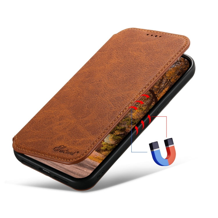 For iPhone 14 Pro Suteni J06 Retro Matte Litchi Texture Leather Magnetic Magsafe Phone Case(Khaki)