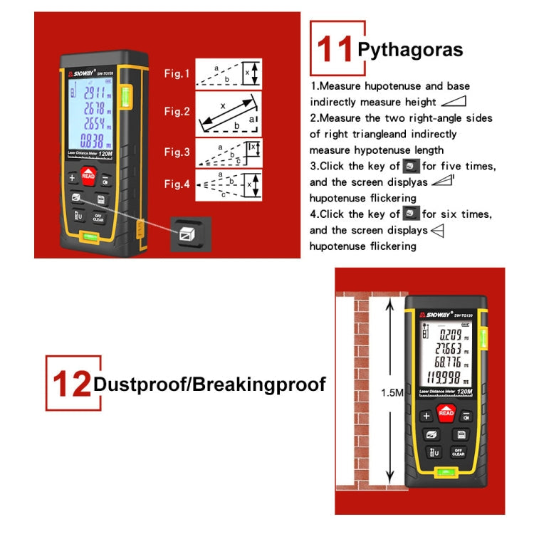SNDWAY Double Horizontal bubble Rangefinder Laser Distance Meter Range Hand Tool Device SW-TG120