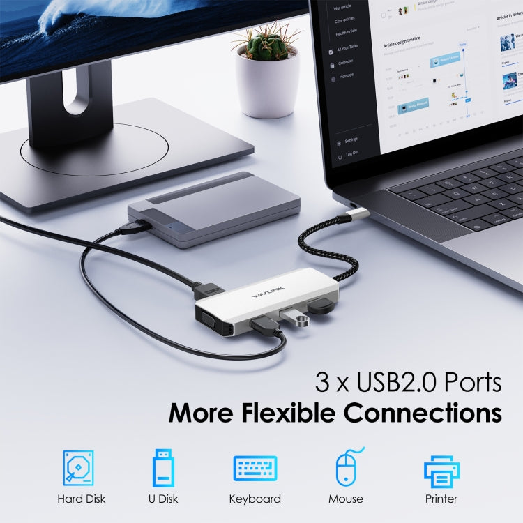WAVLINK WL-UMD307 Type-C to 2DP + 4K HD + VGA + 3 x USB2.0 HUB Docking Station, UMD307