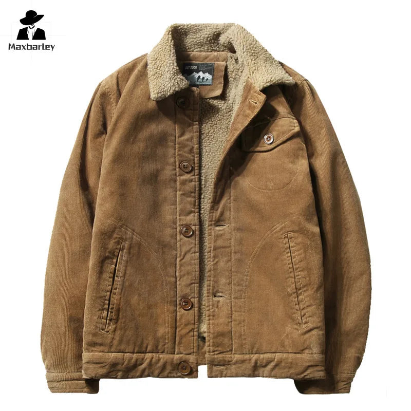 Men’s Corduroy Fleece-Lined Winter Jacket – Warm Casual Coat, Retro Korean Style in Grey, Green, Coffee & Tan