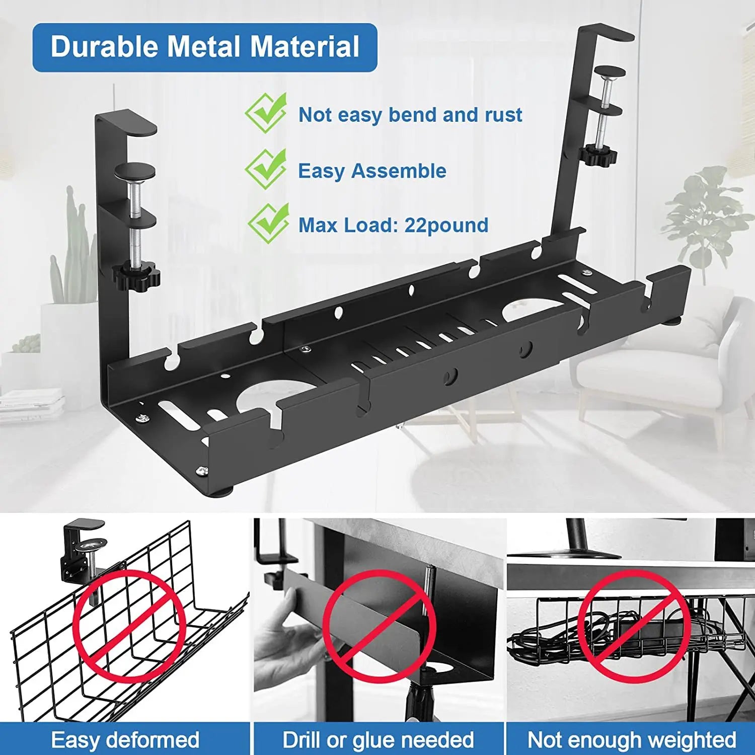Telescopic Under Desk Cable Management Tray – Metal Under Table Storage Rack for Home Office, Router & Power Strip Organizer