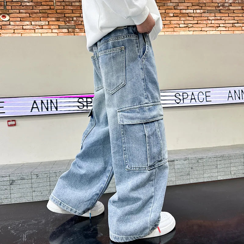 Boys Cargo Denim Jeans, Loose Fit Fashion Trousers