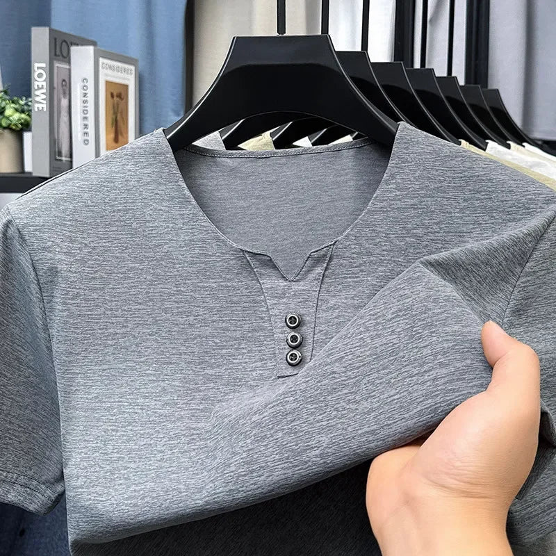 Men’s Three-Button V-Neck T-Shirt – Business Casual Summer Short Sleeve Top (S–4XL)