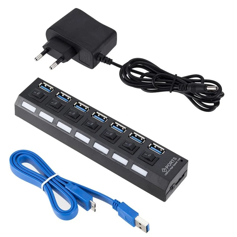 GRWIBEOU USB 3.0 Hub USB Hub 3.0 Use Power Adapter Multi USB Splitter 7 Port Multiple 3 Hab Expander USB Hub with Switch for PC