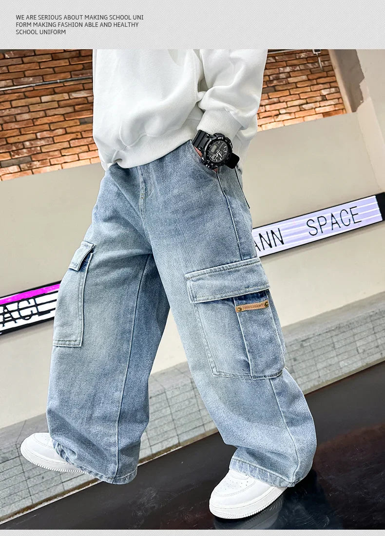 Boys Cargo Denim Jeans, Loose Fit Fashion Trousers