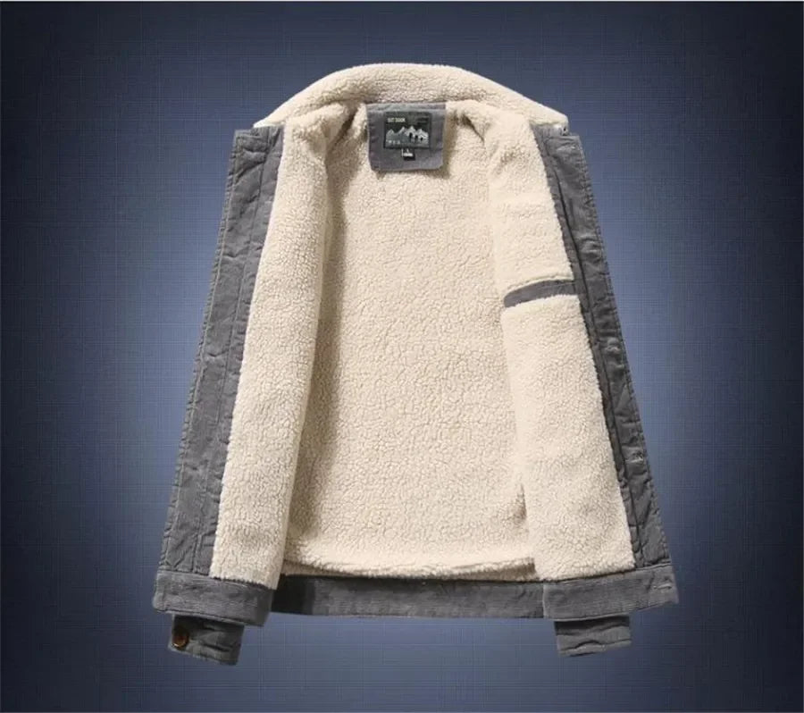 Men’s Corduroy Fleece-Lined Winter Jacket – Warm Casual Coat, Retro Korean Style in Grey, Green, Coffee & Tan