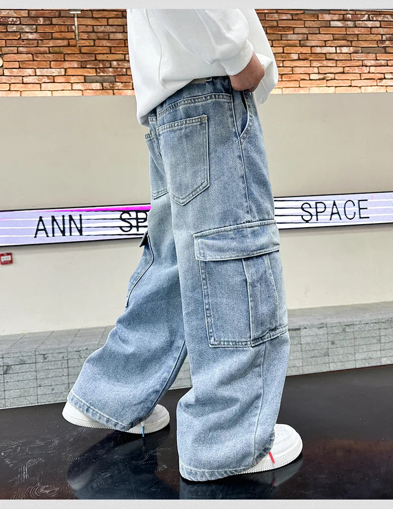 Boys Cargo Denim Jeans, Loose Fit Fashion Trousers