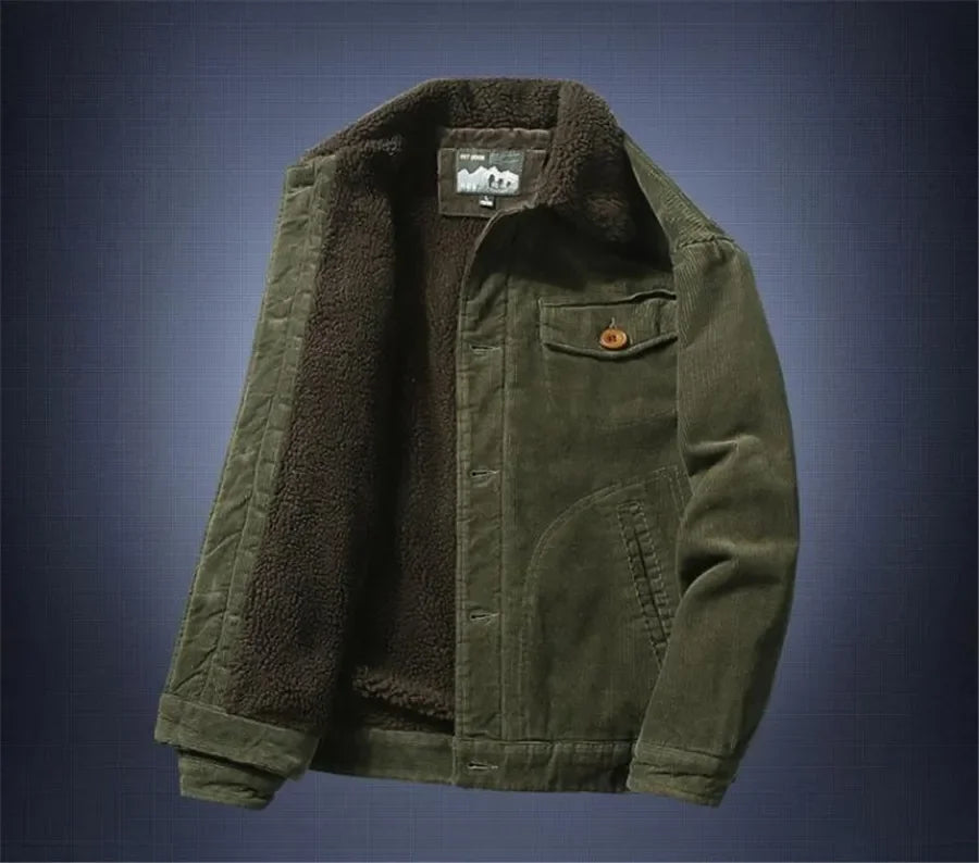 Men’s Corduroy Fleece-Lined Winter Jacket – Warm Casual Coat, Retro Korean Style in Grey, Green, Coffee & Tan