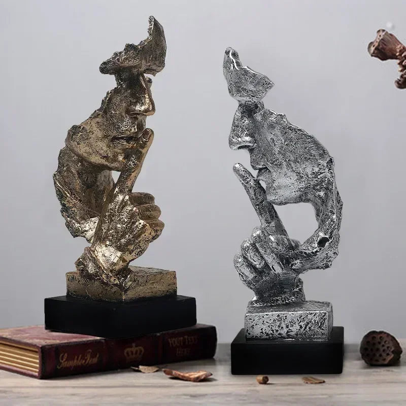 Abstract Resin Face Sculpture – “Silence is Golden” Nordic Art Statue for Home or Office Decor