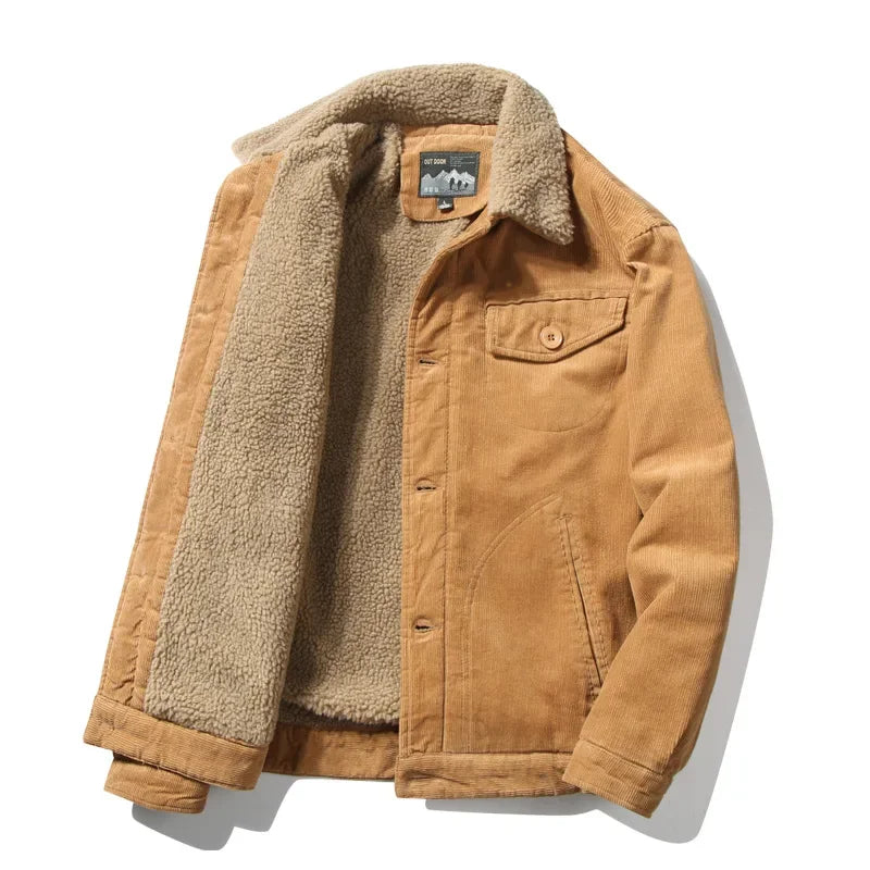 Men’s Corduroy Fleece-Lined Winter Jacket – Warm Casual Coat, Retro Korean Style in Grey, Green, Coffee & Tan