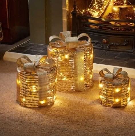 Set of 3 Novelty Gold Faux LED Gift Boxes