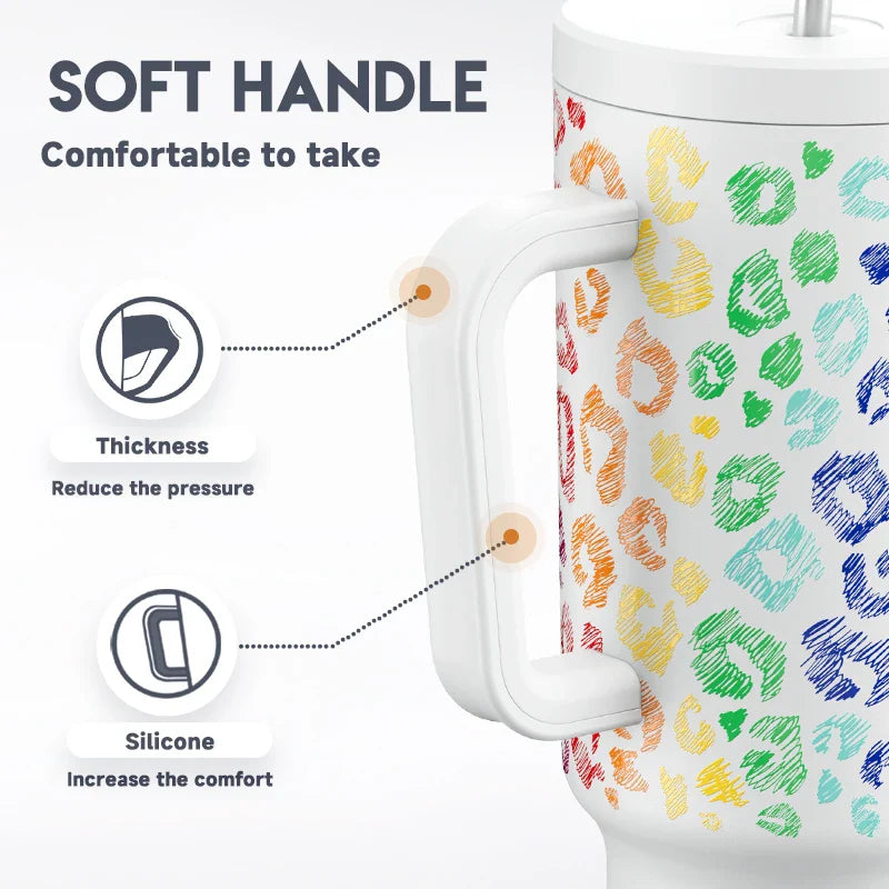 Meoky 40oz Cup Tumbler with Handle Straw Stainless Steel Multi-Prints Coffee Cup Travel Water Bottle Leak-Proof Car Mug Gifts