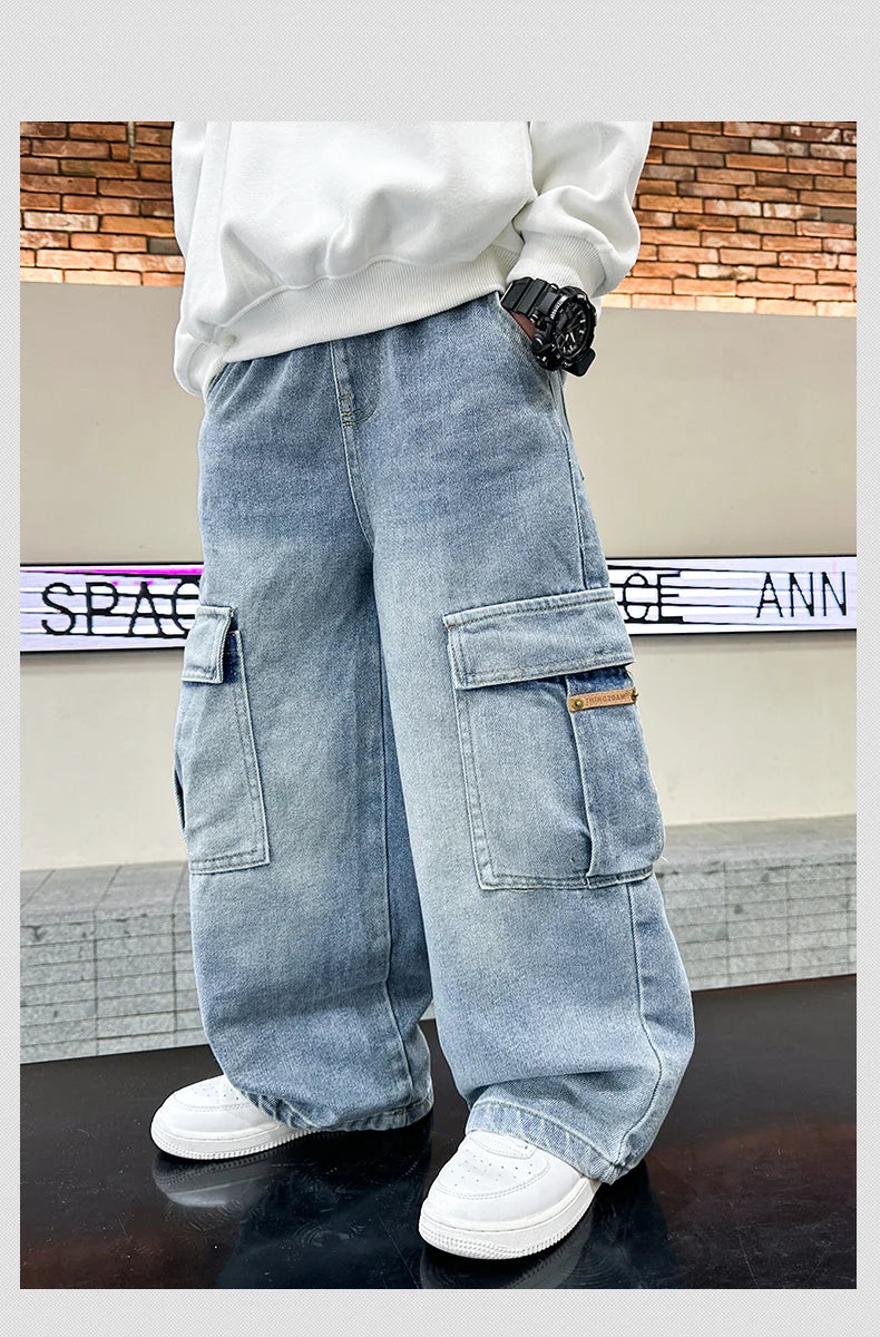 Boys Cargo Denim Jeans, Loose Fit Fashion Trousers