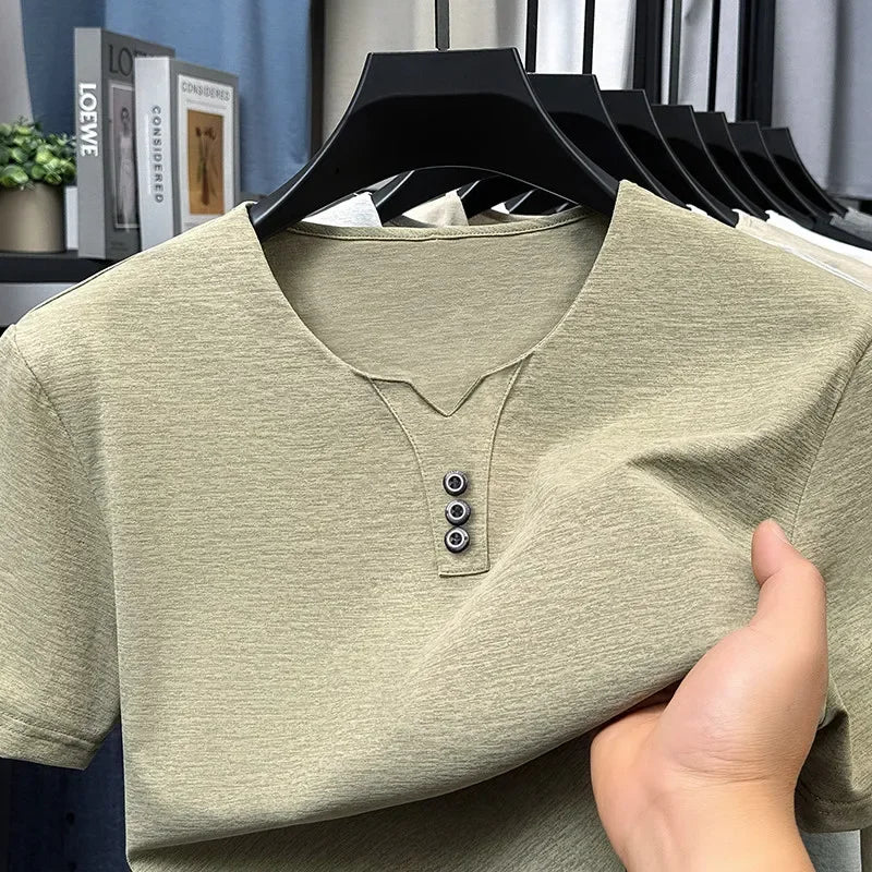 Men’s Three-Button V-Neck T-Shirt – Business Casual Summer Short Sleeve Top (S–4XL)