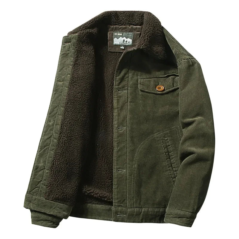 Men’s Corduroy Fleece-Lined Winter Jacket – Warm Casual Coat, Retro Korean Style in Grey, Green, Coffee & Tan